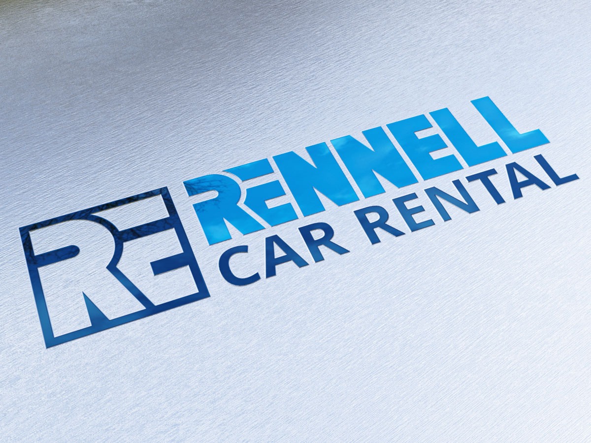 Logo firmy Rennell Car Rental w odcieniach błękitu na teksturowanym, srebrnym tle.