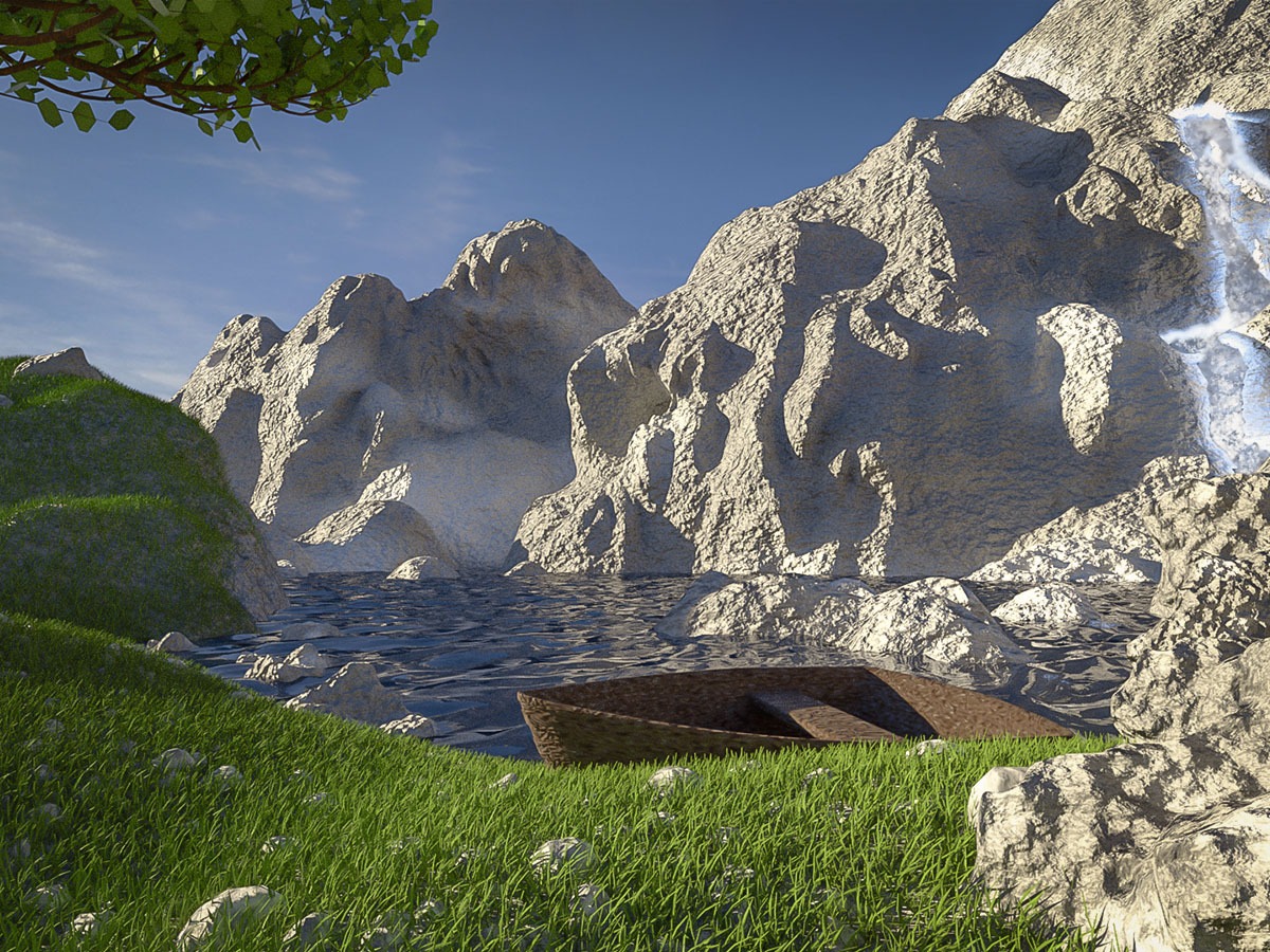 Render 3D przedstawiający krajobraz górski z jeziorem, łodzią i bujną zielenią, oświetlony jasnym słońcem.