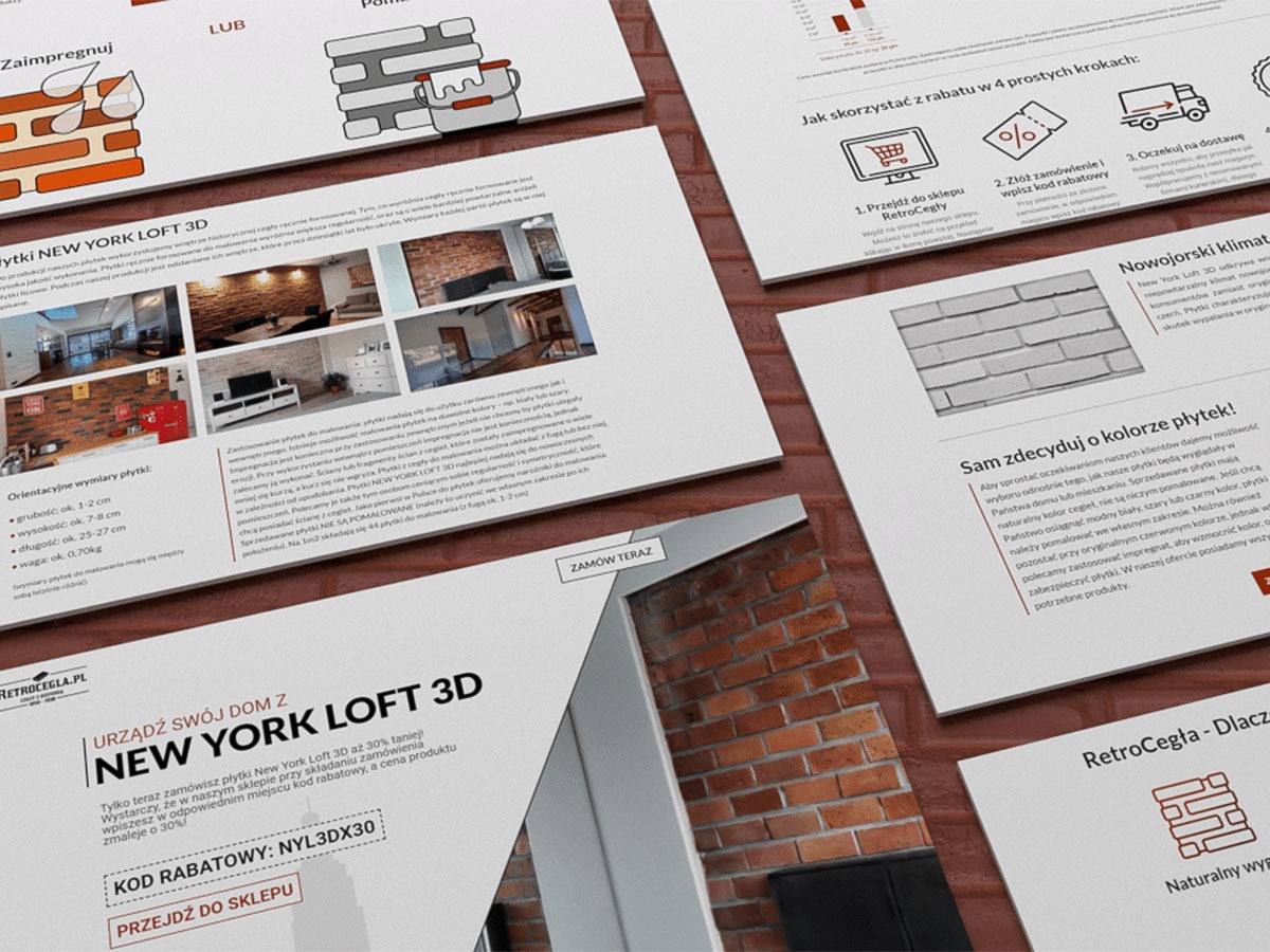 Ujęcie z góry na materiały reklamowe RetroCegła prezentujące płytki New York Loft 3D, w tym ulotki z informacjami o produkcie, instrukcjami rabatowymi i wzorami płytek na ścianie.