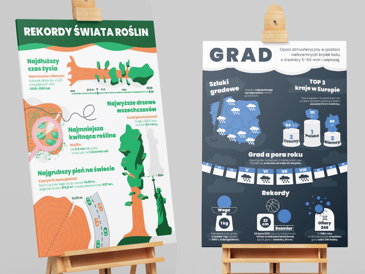 Infografika przedstawiająca rekordy świata roślin i informacje o gradzie, umieszczona na drewnianym stojaku.