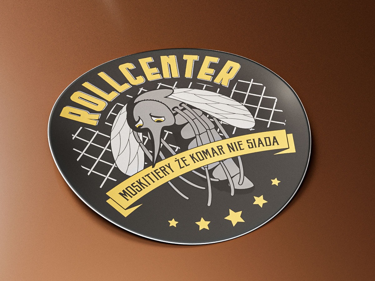 Okrągłe logo Rollcenter z ilustracją smutnego komara na tle siatki i napisem 'Moskitiery że komar nie siada' na brązowym tle.