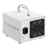 Biały, przenośny oczyszczacz powietrza AirClean z metalową rączką i czarną kratką wentylatora, widoczny z boku pod kątem.