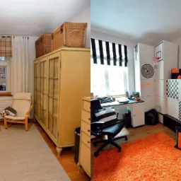 Dwie części pokoju dziecięcego: klasyczny z beżowym dywanem i nowoczesny z pomarańczowym dywanem, ukazujące różne style aranżacji wnętrz.