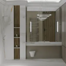 Nowoczesna łazienka z marmurową ścianą, drewnianymi akcentami, wiszącą toaletą i designerską lampą sufitową z podłużnymi elementami.