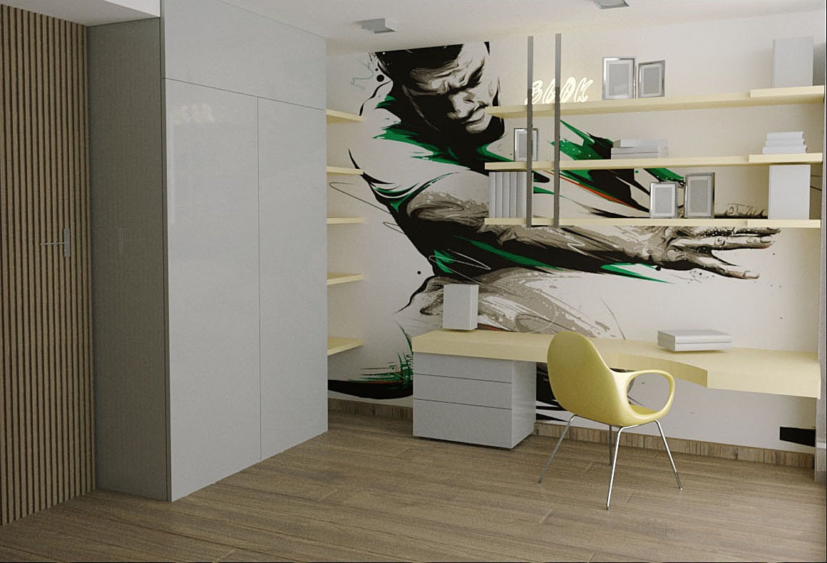 Wizualizacja pokoju z biurkiem, półkami i szafą, ściana zdobiona dużym, czarno-zielonym muralem przedstawiającym postać, podłoga wyłożona panelami drewnopodobnymi.