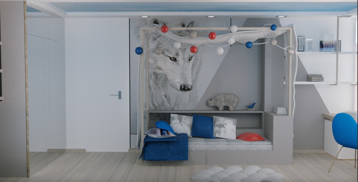 Pokój dziecięcy z łóżkiem w zabudowie, nad którym wisi girlanda z kolorowych kul, a na ścianie widnieje fototapeta z wizerunkiem wilka.