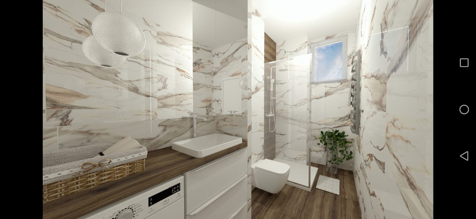 Wizualizacja łazienki z marmurowymi płytkami na ścianach, kabiną prysznicową, wiszącą toaletą, umywalką nablatową i lampami kulami, ukazująca nowoczesny design i funkcjonalne rozwiązania.