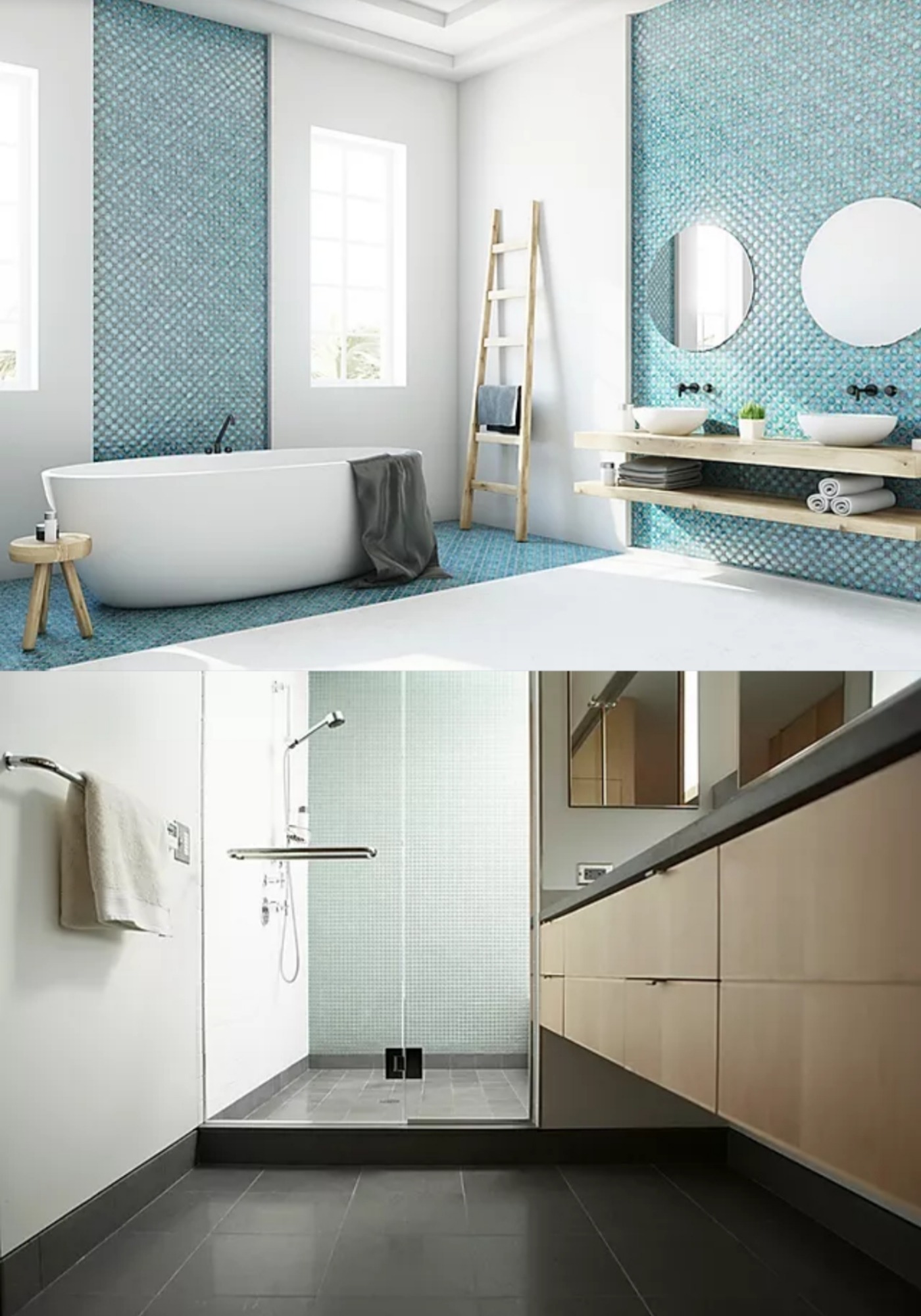 Nowoczesna łazienka z turkusową mozaiką, wolnostojącą wanną, drewnianą drabinką i umywalkami na drewnianych półkach, uzupełniona kabiną prysznicową z szarymi płytkami i beżowymi szafkami.