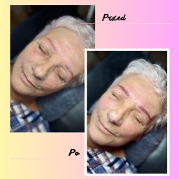 Strefa Piękna Beauty Salon - Zdjęcie przedstawia zbliżenie twarzy starszej kobiety przed i po zabiegu pigmentacji brwi. Po lewej stronie widok brwi przed zabiegiem, po prawej - po zabiegu, z wyraźnie zarysowanym kształtem...