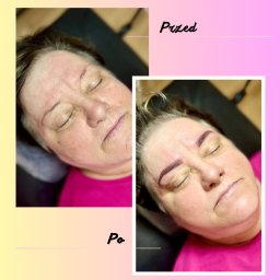 Strefa Piękna Beauty Salon - Zdjęcie przedstawia zbliżenie twarzy kobiety przed i po zabiegu pigmentacji brwi. Po lewej stronie widoczna twarz bez makijażu permanentnego, po prawej stronie brwi po zabiegu, z wyraźnie...