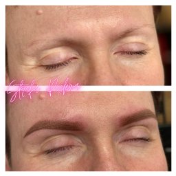 Strefa Piękna Beauty Salon - Zdjęcie 'przed i po' makijażu permanentnego brwi, prezentujące naturalny efekt zagęszczenia i podkreślenia łuku brwiowego, z widoczną różnicą w kształcie i kolorze.