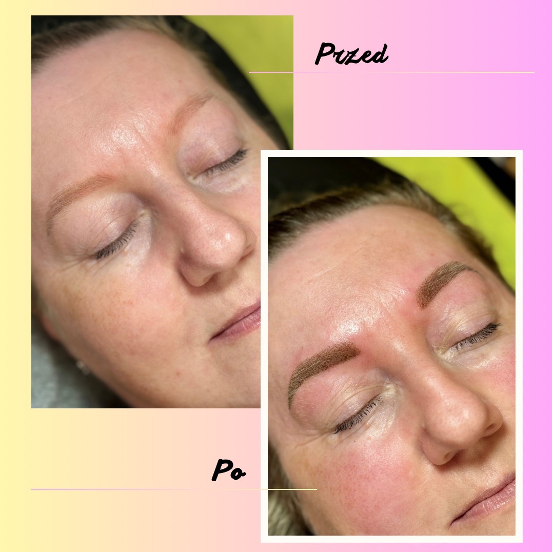 Zdjęcie 'przed i po' prezentujące efekt zabiegu na brwiach wykonanego w Bydgoszczy. Widoczne subtelne podkreślenie kształtu i koloru brwi, poprawiające ich definicję.