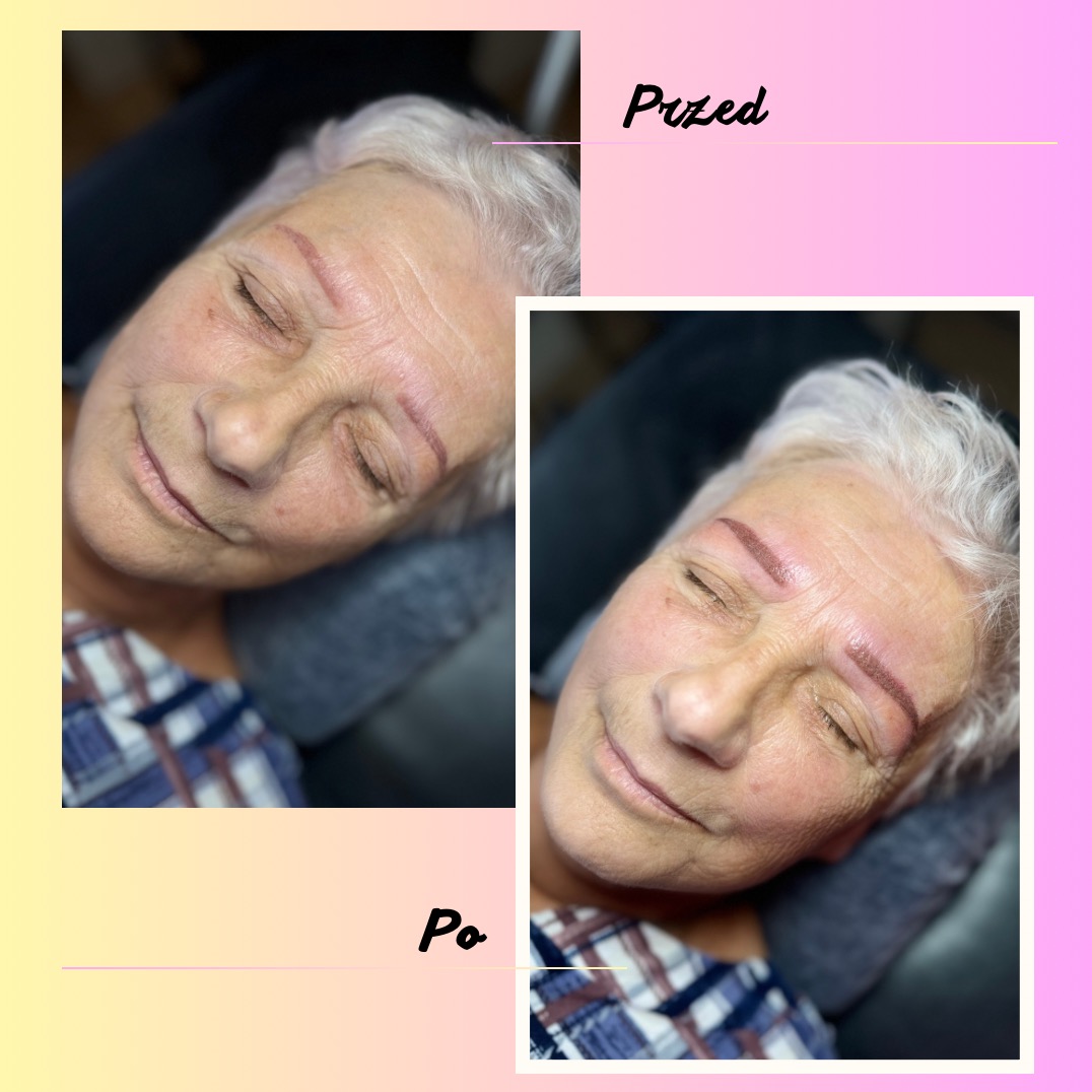 Zdjęcie przedstawia zbliżenie twarzy starszej kobiety przed i po zabiegu pigmentacji brwi. Po lewej stronie widok brwi przed zabiegiem, po prawej - po zabiegu, z wyraźnie zarysowanym kształtem...