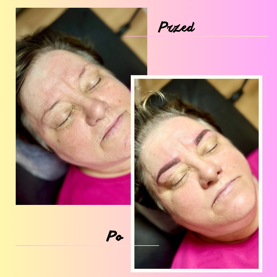 Zdjęcie przedstawia zbliżenie twarzy kobiety przed i po zabiegu pigmentacji brwi. Po lewej stronie widoczna twarz bez makijażu permanentnego, po prawej stronie brwi po zabiegu, z wyraźnie...