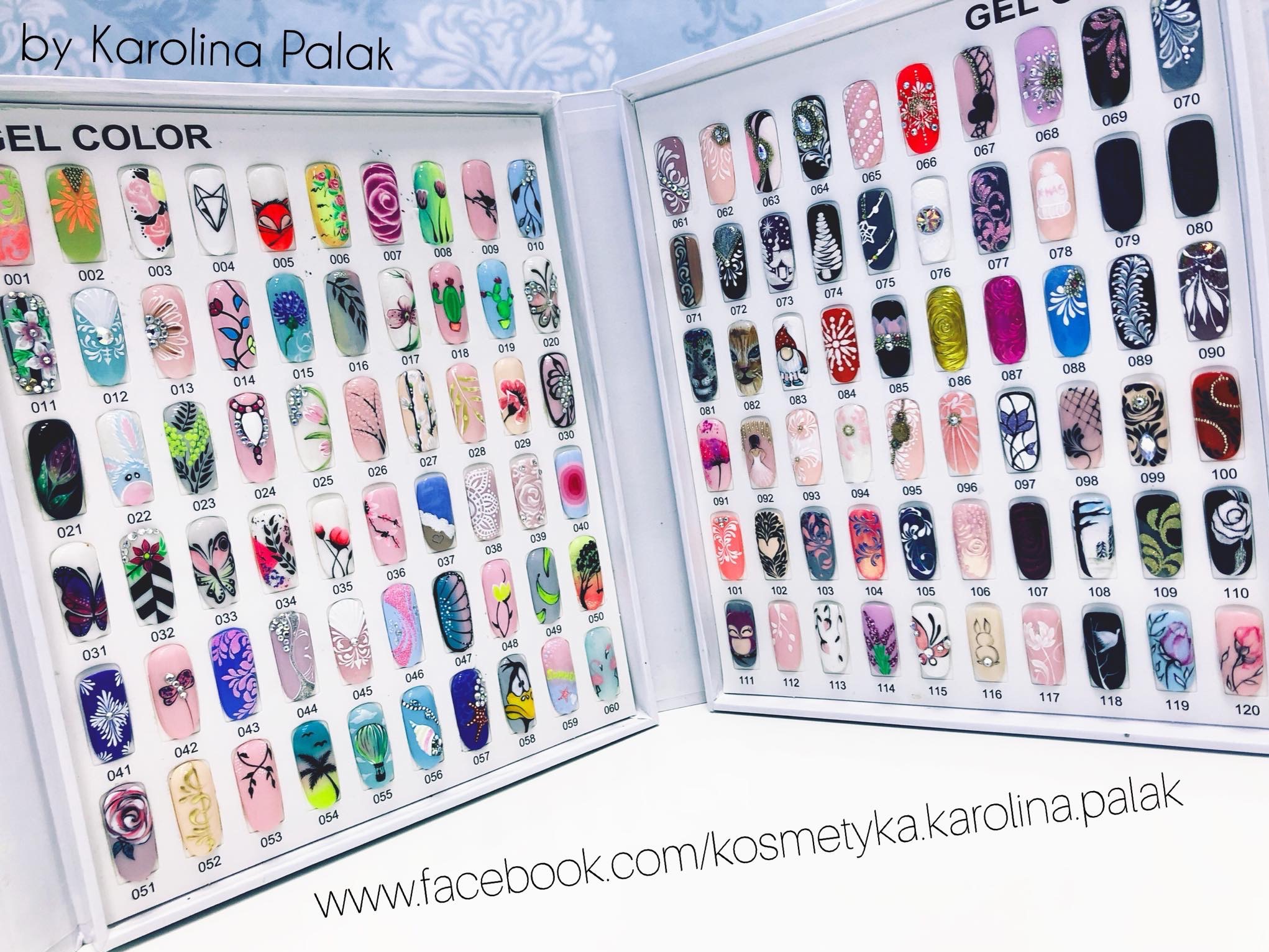 Paleta wzorników z różnorodnymi zdobieniami na tipsach żelowych, prezentująca bogatą ofertę wzorów w salonie manicure. Wzory od kwiatowych po abstrakcyjne.