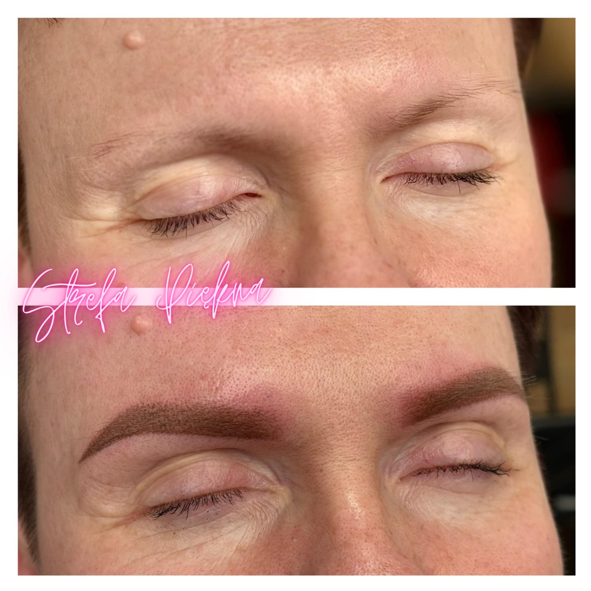 Zdjęcie 'przed i po' makijażu permanentnego brwi, prezentujące naturalny efekt zagęszczenia i podkreślenia łuku brwiowego, z widoczną różnicą w kształcie i kolorze.