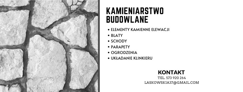 Wizytówka firmy kamieniarskiej z teksturą kamiennej ściany po lewej stronie i listą usług oraz danymi kontaktowymi po prawej.