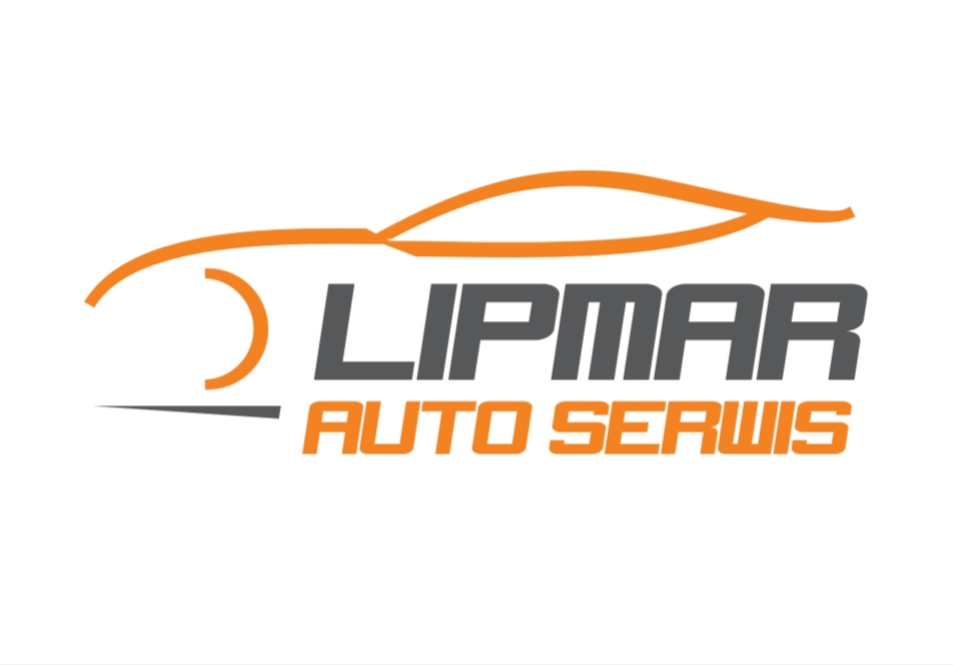 Logo firmy Lipmar Auto Serwis z graficznym zarysem pomarańczowego samochodu na białym tle.