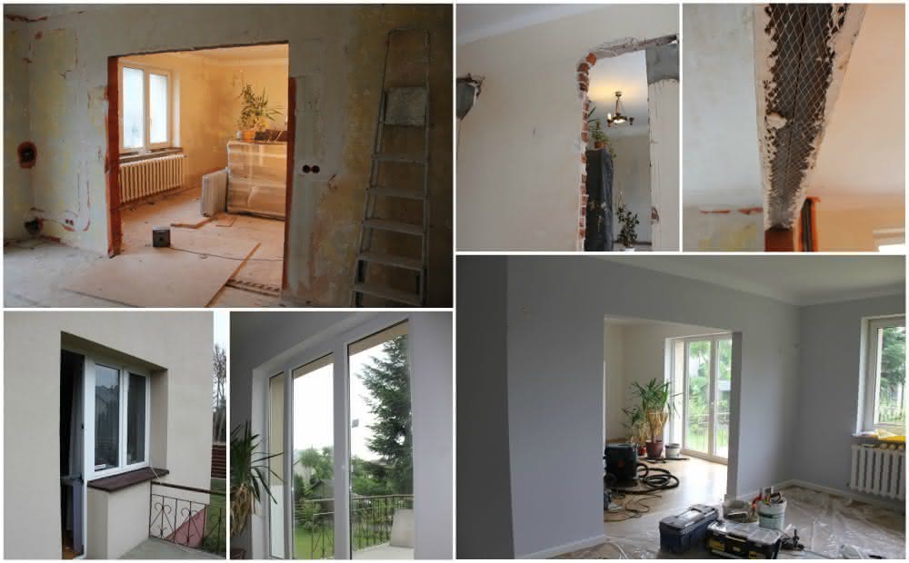 Fotokolaż przedstawiający etapy remontu mieszkania: przygotowanie ścian z widocznymi instalacjami, wzmocnienie siatką, oraz pomalowane na szaro pomieszczenie z oknami balkonowymi i grzejnikiem.