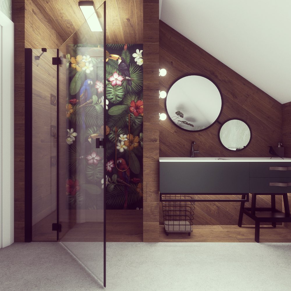 Nowoczesna łazienka na poddaszu z kabiną prysznicową z motywem tropikalnym, drewnianymi panelami ściennymi, okrągłymi lustrami z oświetleniem punktowym i ciemną szafką umywalkową.