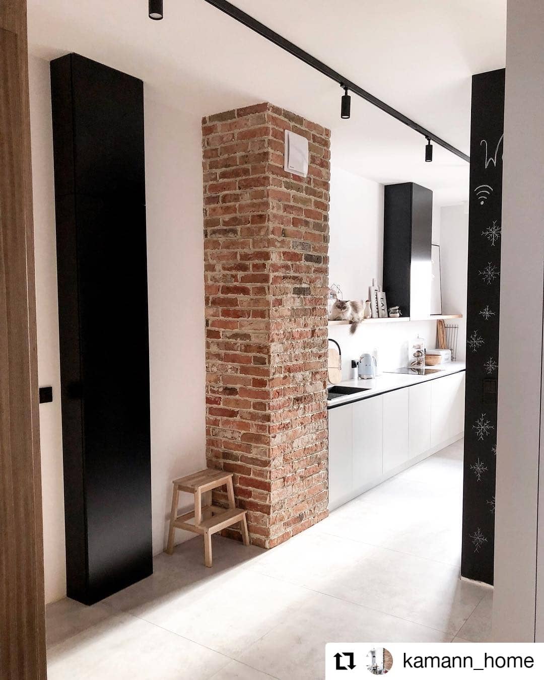 Nowoczesna kuchnia w Chałupkach z białymi szafkami, ceglanym filarem i czarnym oświetleniem szynowym; na blacie siedzi kot.