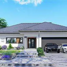 Wizualizacja parterowego domu jednorodzinnego z dwoma samochodami zaparkowanymi przed garażem. Dom ma szary dach, białą elewację i ciemne okna. Ścieżka do drzwi wejściowych wyłożona jest kamiennymi...