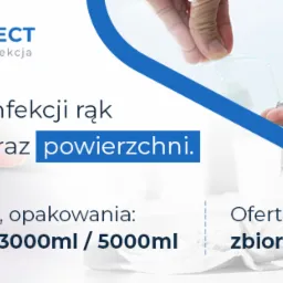 Grafika reklamowa prezentująca płyn do dezynfekcji rąk i powierzchni marki Ultraprotect, z widocznymi dłońmi, butelką z dozownikiem i informacjami o dostępnych pojemnościach detalicznych i hurtowych.