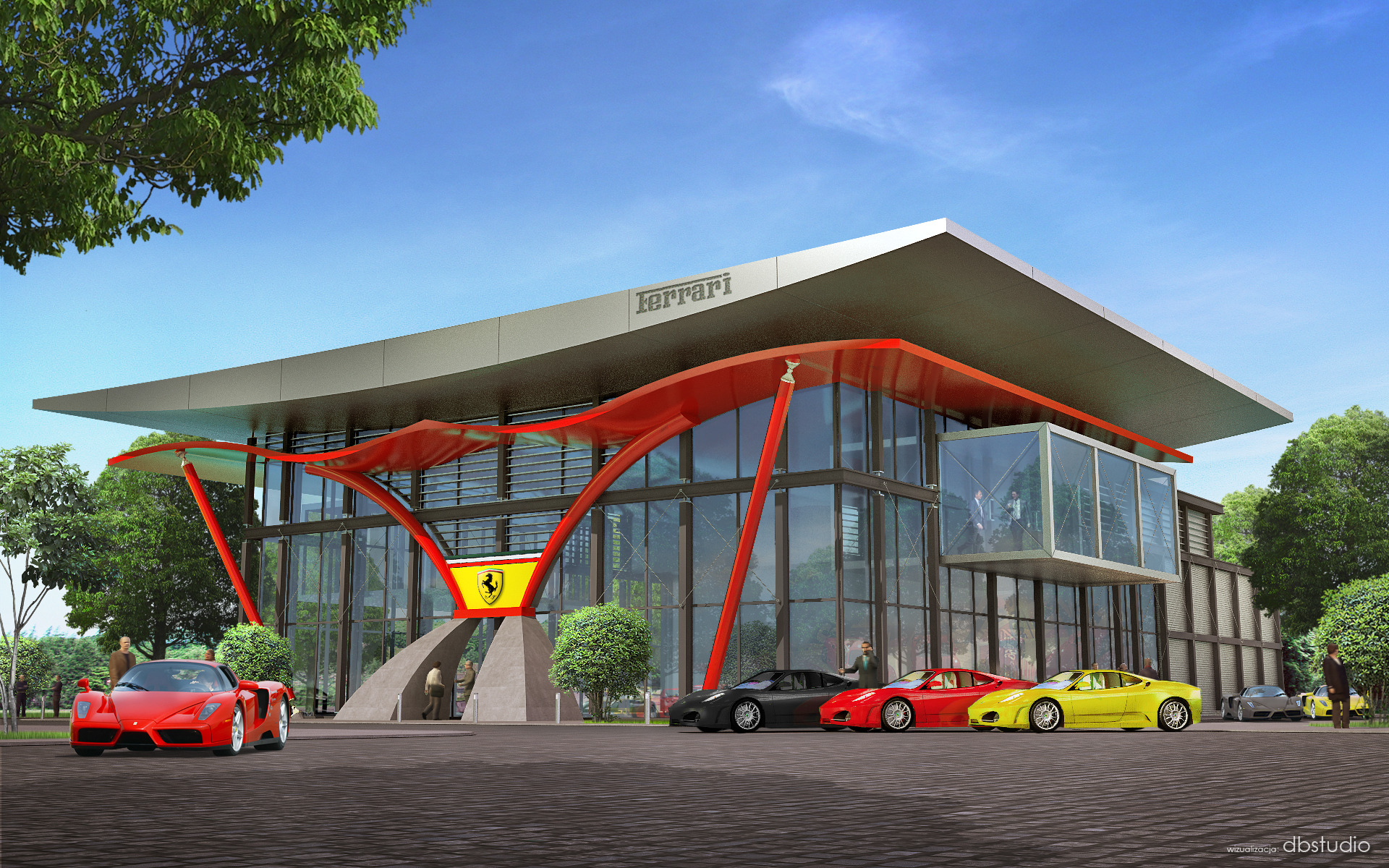 Wizualizacja budynku salonu samochodowego Ferrari z charakterystycznym czerwonym zadaszeniem i przeszkloną fasadą, prezentująca zaparkowane sportowe auta w różnych kolorach.