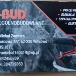 Wizytówka firmy AN-BUD oferującej usługi ogólnobudowlane, z adresem w Witkowie, numerem telefonu, adresem e-mail, NIP i REGON. Na wizytówce wymienione prace wykończeniowe, elewacje, malowanie...