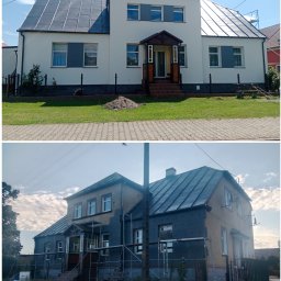 Solid-House - Dwukondygnacyjny dom przed i po renowacji elewacji: górny kadr pokazuje budynek po remoncie z białą elewacją i szarymi akcentami, dolny kadr prezentuje budynek przed remontem z żółtą elewacją...