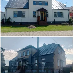 Dwukondygnacyjny dom przed i po renowacji elewacji: górny kadr pokazuje budynek po remoncie z białą elewacją i szarymi akcentami, dolny kadr prezentuje budynek przed remontem z żółtą elewacją...