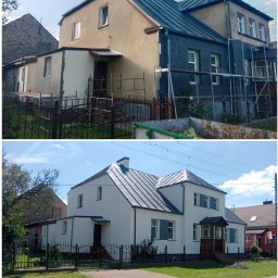 Solid-House - Porównanie domu przed i po ociepleniu elewacji: górna część zdjęcia ukazuje budynek w trakcie prac z widoczną izolacją i rusztowaniami, dolna część prezentuje odnowioną, białą elewację z nowym...