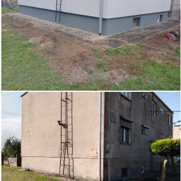 Solid-House - Porównanie elewacji budynku przed i po renowacji: szara, zniszczona elewacja kontra biała, odnowiona z szarym cokołem i nową kostką brukową wokół fundamentów.