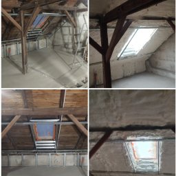 Solid-House - Poddasze z widoczną drewnianą konstrukcją dachu, częściowo ocieplone pianką PUR, z zamontowanym oknem dachowym i metalowymi profilami do zabudowy ścian działowych.