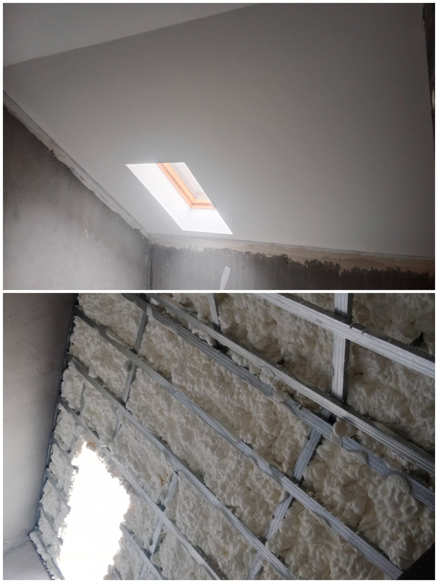 Poddasze z oknem dachowym, wykończone płytami gipsowo-kartonowymi, widoczny fragment ściany z metalową konstrukcją wypełnioną białą pianką izolacyjną.