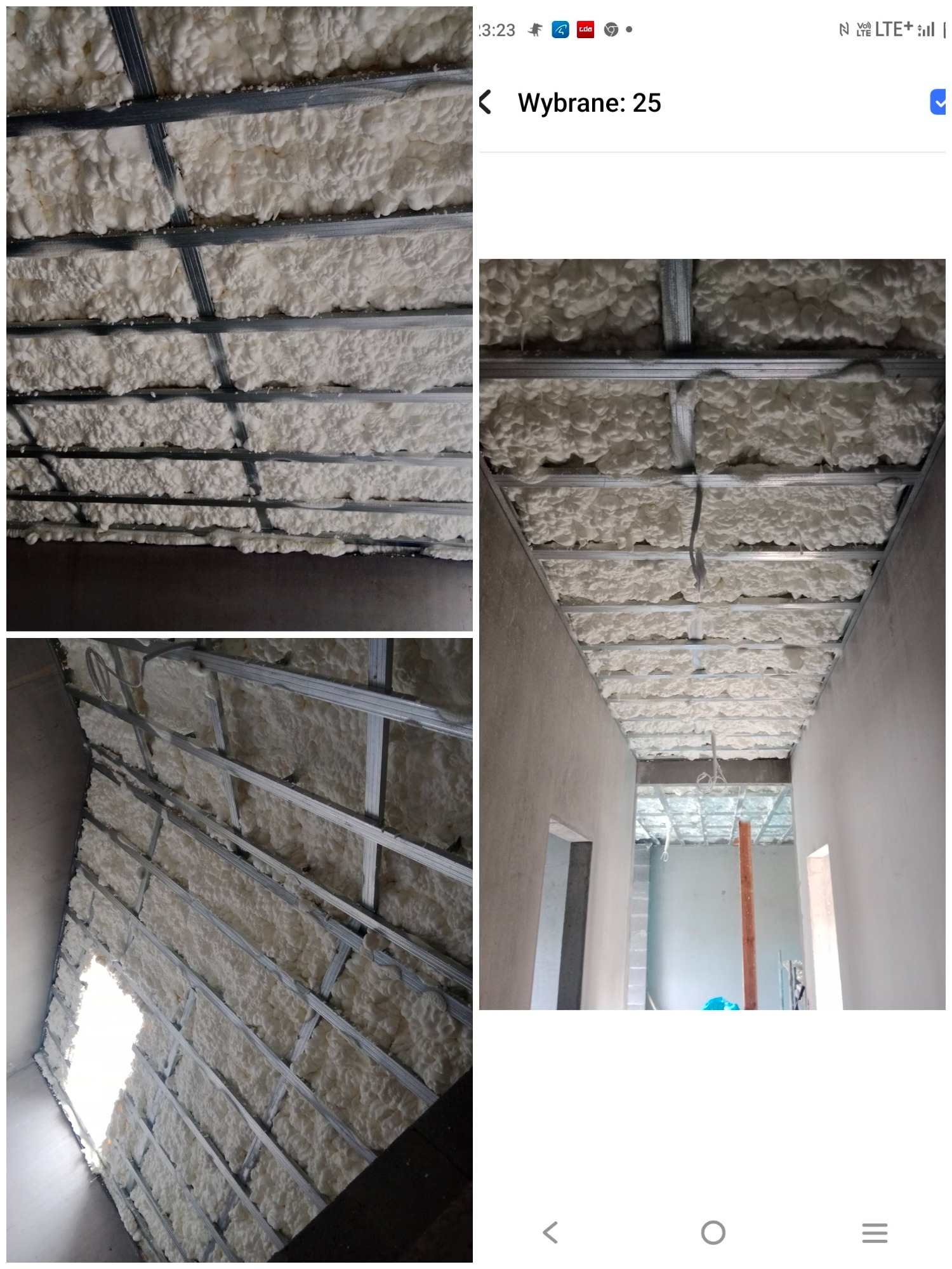 Poddasze z widoczną konstrukcją metalową wypełnioną białą pianką izolacyjną, widok od dołu, w tle fragment surowego wnętrza budynku z otworami drzwiowymi.