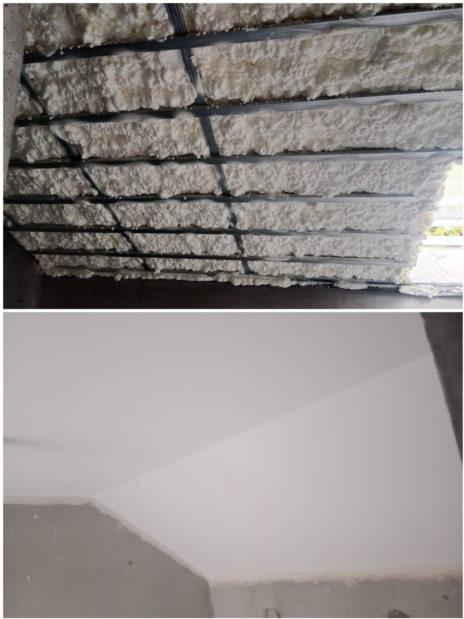 Poddasze w Międzyrzeczu po aplikacji pianki PUR pomiędzy metalowe profile konstrukcyjne, widok przed i po wykończeniu ścian gipsowych.