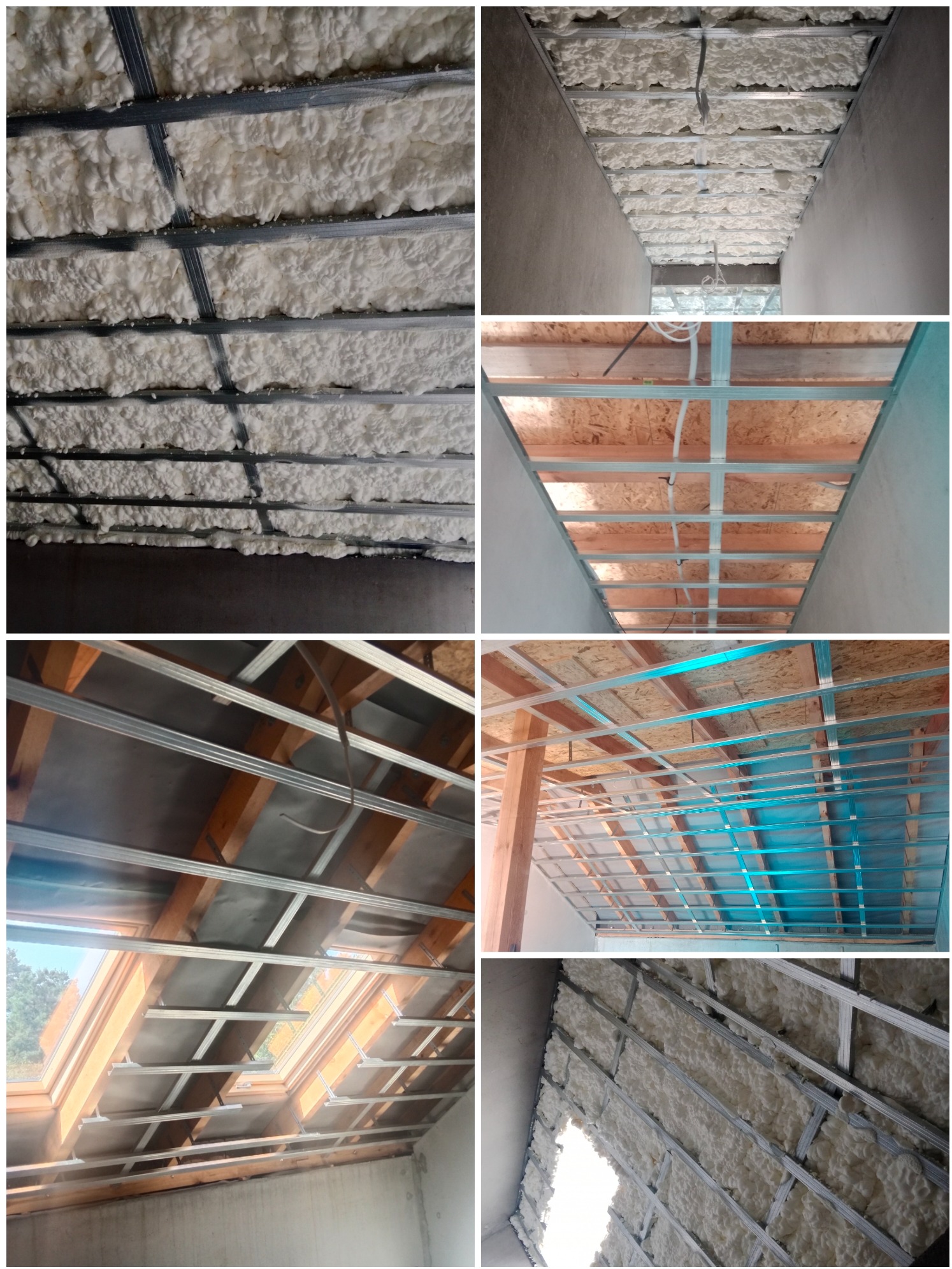 Kolaż zdjęć przedstawiających różne etapy izolacji poddasza i stropu: widok na konstrukcję metalową wypełnioną pianką PUR, konstrukcję drewnianą z oknem dachowym przygotowaną do izolacji oraz pustą...