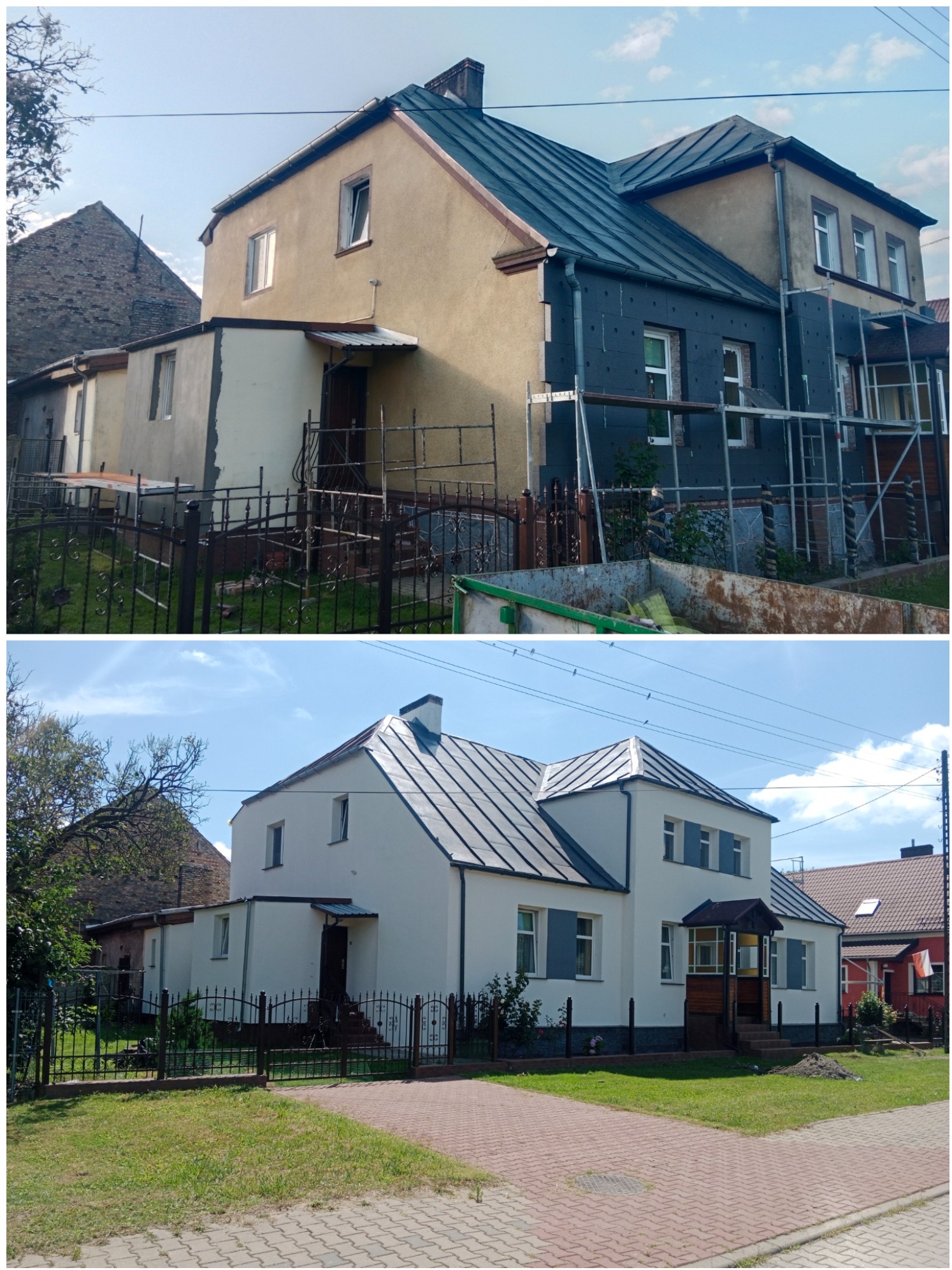 Porównanie domu przed i po ociepleniu elewacji: górna część zdjęcia ukazuje budynek w trakcie prac z widoczną izolacją i rusztowaniami, dolna część prezentuje odnowioną, białą elewację z nowym...