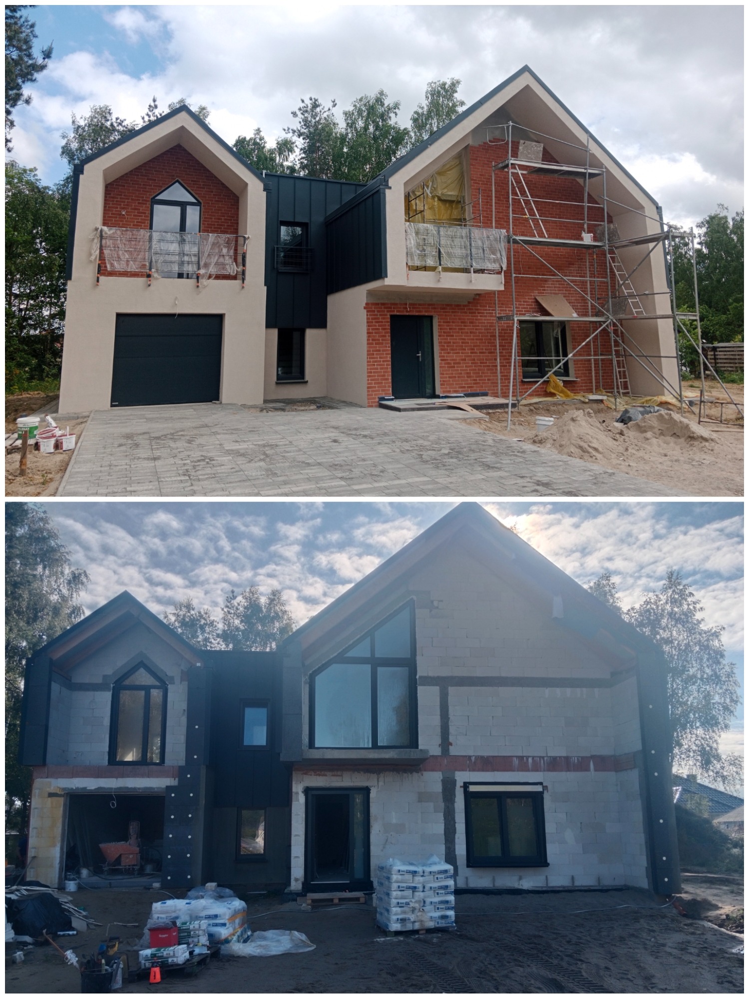Dwuetapowy widok domu jednorodzinnego: górna część ukazuje budynek z częściowo wykończoną elewacją, rusztowaniami i ceglaną fasadą; dolna część prezentuje surowy stan z widocznymi bloczkami...