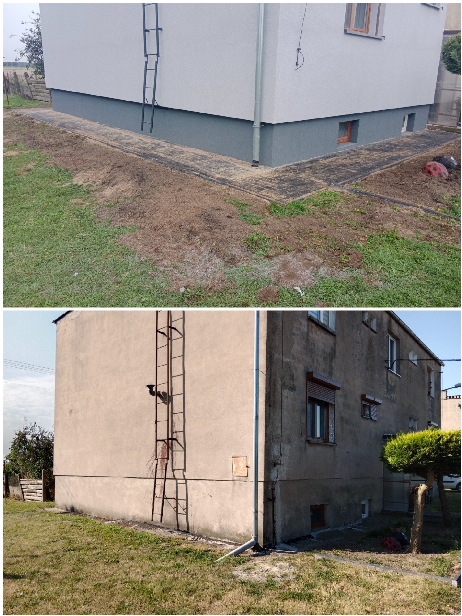 Porównanie elewacji budynku przed i po renowacji: szara, zniszczona elewacja kontra biała, odnowiona z szarym cokołem i nową kostką brukową wokół fundamentów.