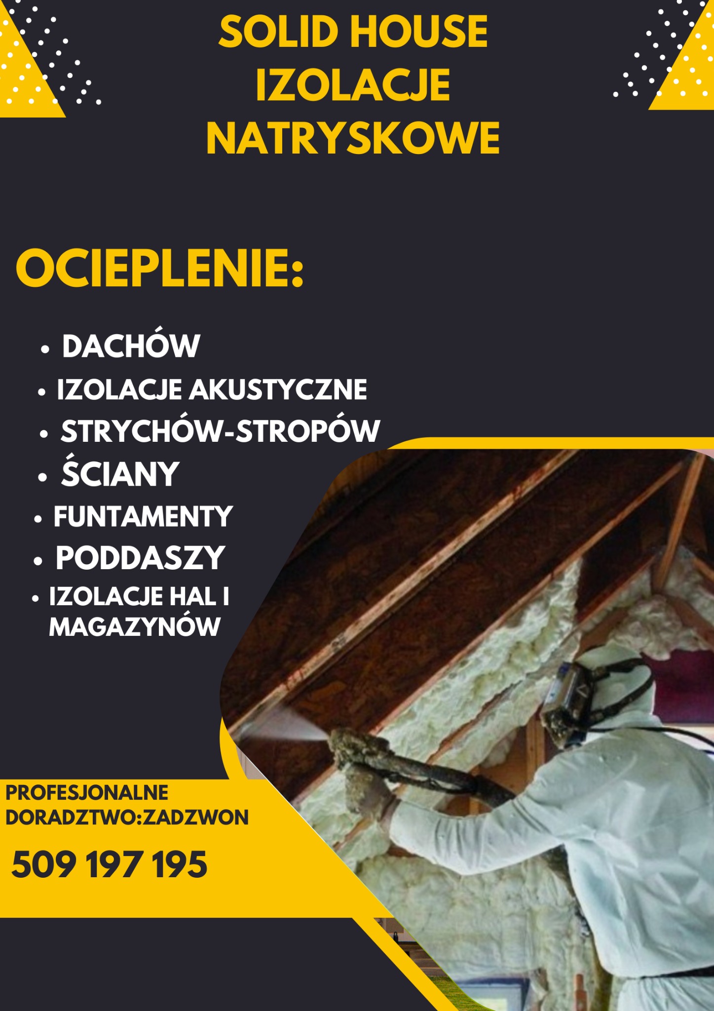 Grafika reklamowa firmy Solid House prezentująca izolacje natryskowe, z listą ocieplanych powierzchni (dachy, strychy, ściany, fundamenty, poddasza) i numerem telefonu, na tle fragmentu poddasza...