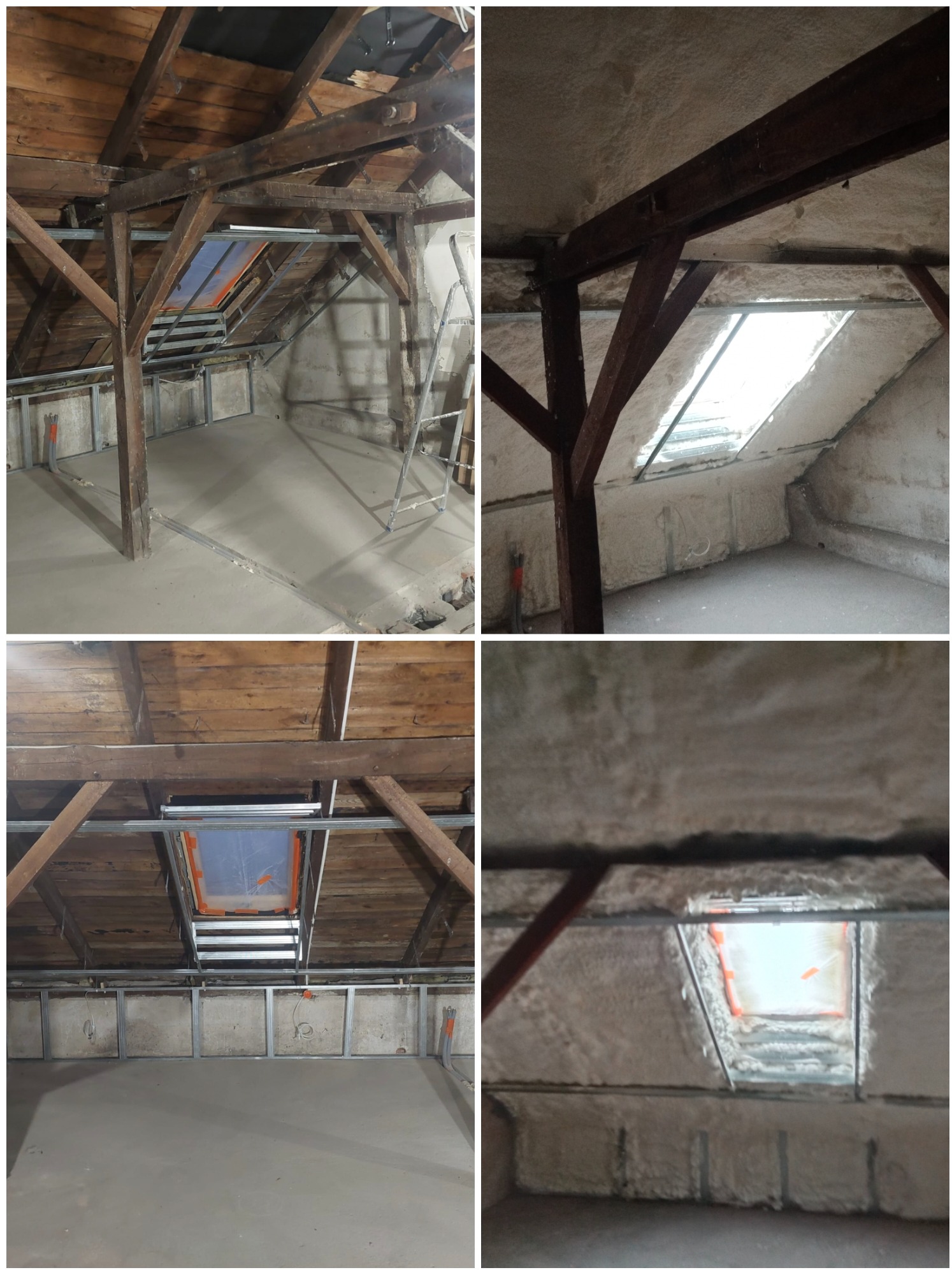 Poddasze z widoczną drewnianą konstrukcją dachu, częściowo ocieplone pianką PUR, z zamontowanym oknem dachowym i metalowymi profilami do zabudowy ścian działowych.