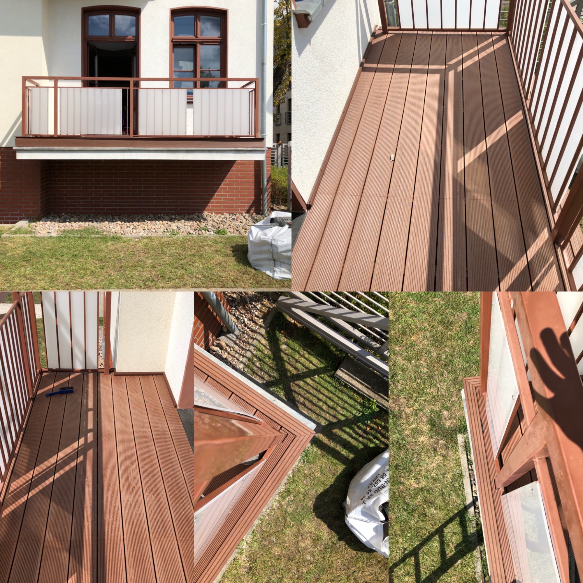 Kompozycja zdjęć przedstawiająca wykończony balkon z brązową deską kompozytową, z widocznymi detalami balustrady i elewacji budynku w tle, oraz workiem z materiałami budowlanymi obok balkonu.