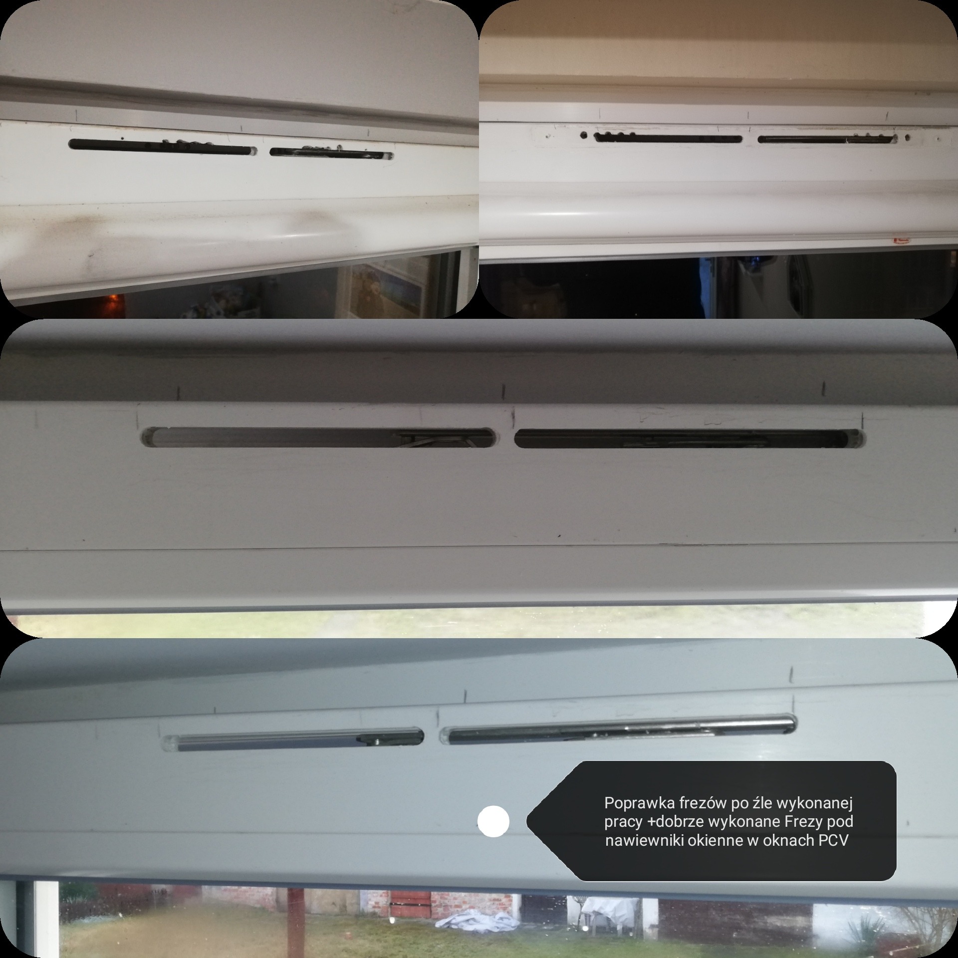 Poprawione frezy w oknie PCV, widoczne nawiewniki okienne po naprawie, detale frezowania