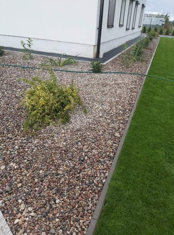 Ogród przydomowy z nasadzeniami, wyłożony drobnymi kamieniami oddzielony obrzeżem od trawnika, z widocznym systemem nawadniania.
