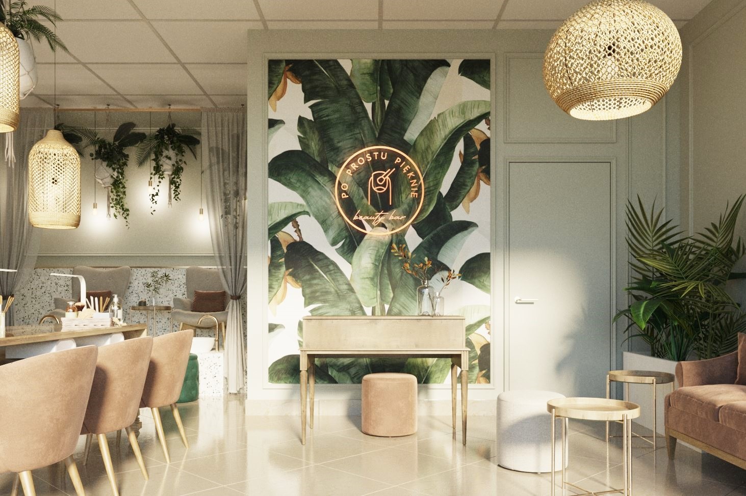 Wnętrze salonu kosmetycznego z jasnymi meblami, dekoracjami roślinnymi i neonowym logo na ścianie z motywem liści bananowca.