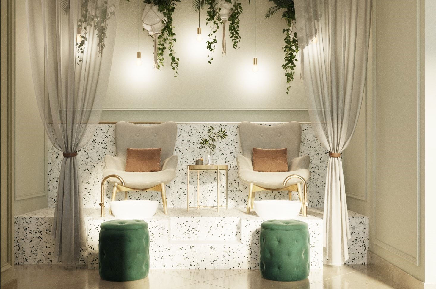 Eleganckie wnętrze salonu spa z dwoma fotelami, podnóżkami, zasłonami i roślinami wiszącymi, tworzące relaksującą atmosferę.