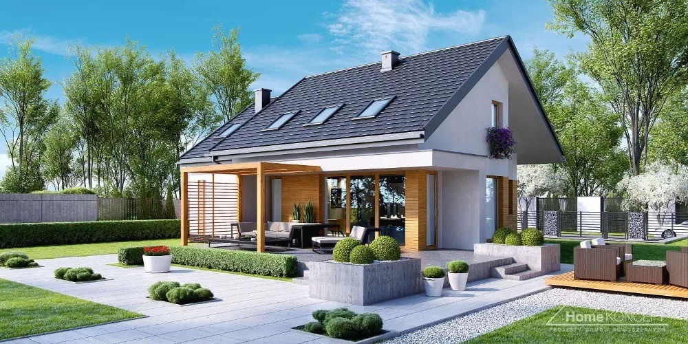 Wizualizacja nowoczesnego domu szkieletowego z ciemną dachówką, oknami dachowymi, drewnianą elewacją części parterowej i pergolą nad tarasem, otoczonego zadbanym ogrodem z geometrycznymi rabatami.