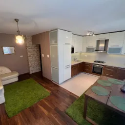 Salon z aneksem kuchennym w odcieniach brązu i bieli, z zielonymi akcentami w postaci dywanu i podkładek na stole. Widoczne elementy dekoracyjne: lampa wisząca, obraz na ścianie i kwiaty w wazonie.